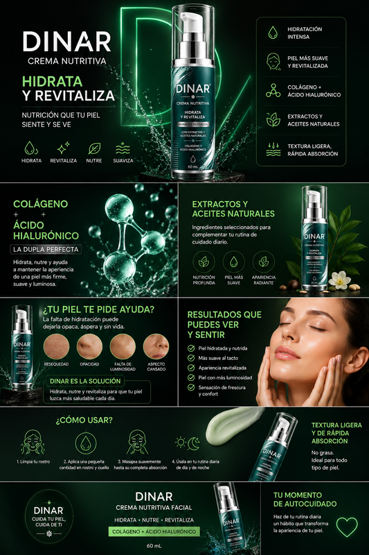 Crema Nutritiva Facial Dinar – Colágeno + Ácido Hialurónico | 60 mL