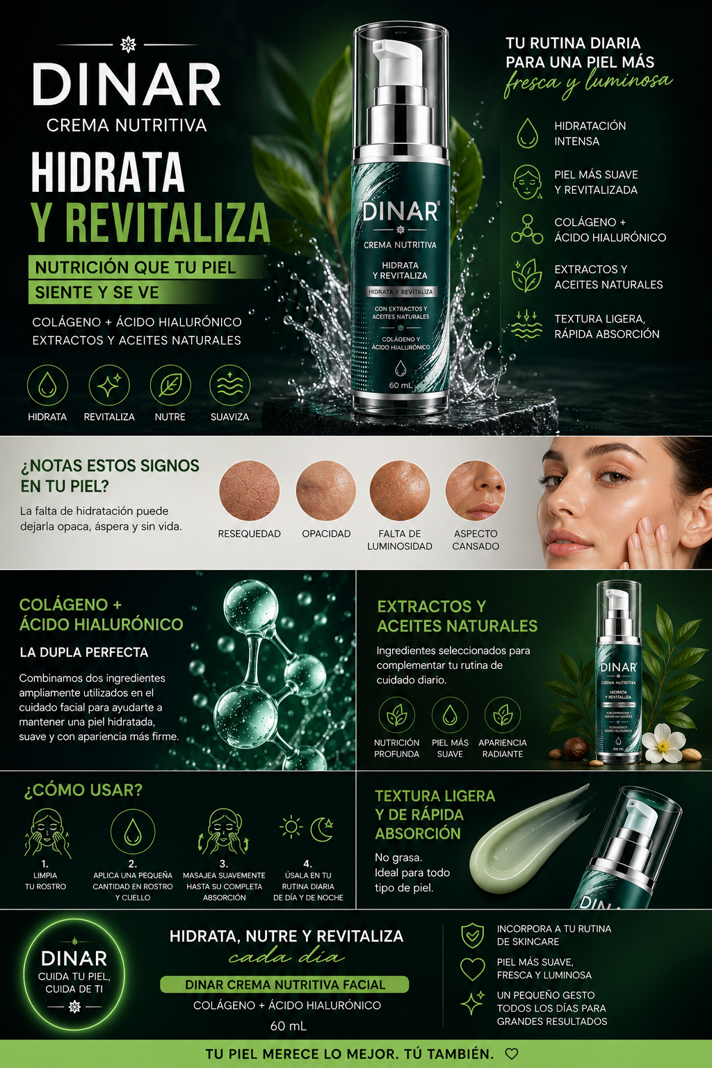 Crema Nutritiva Facial Dinar – Colágeno + Ácido Hialurónico | 60 mL