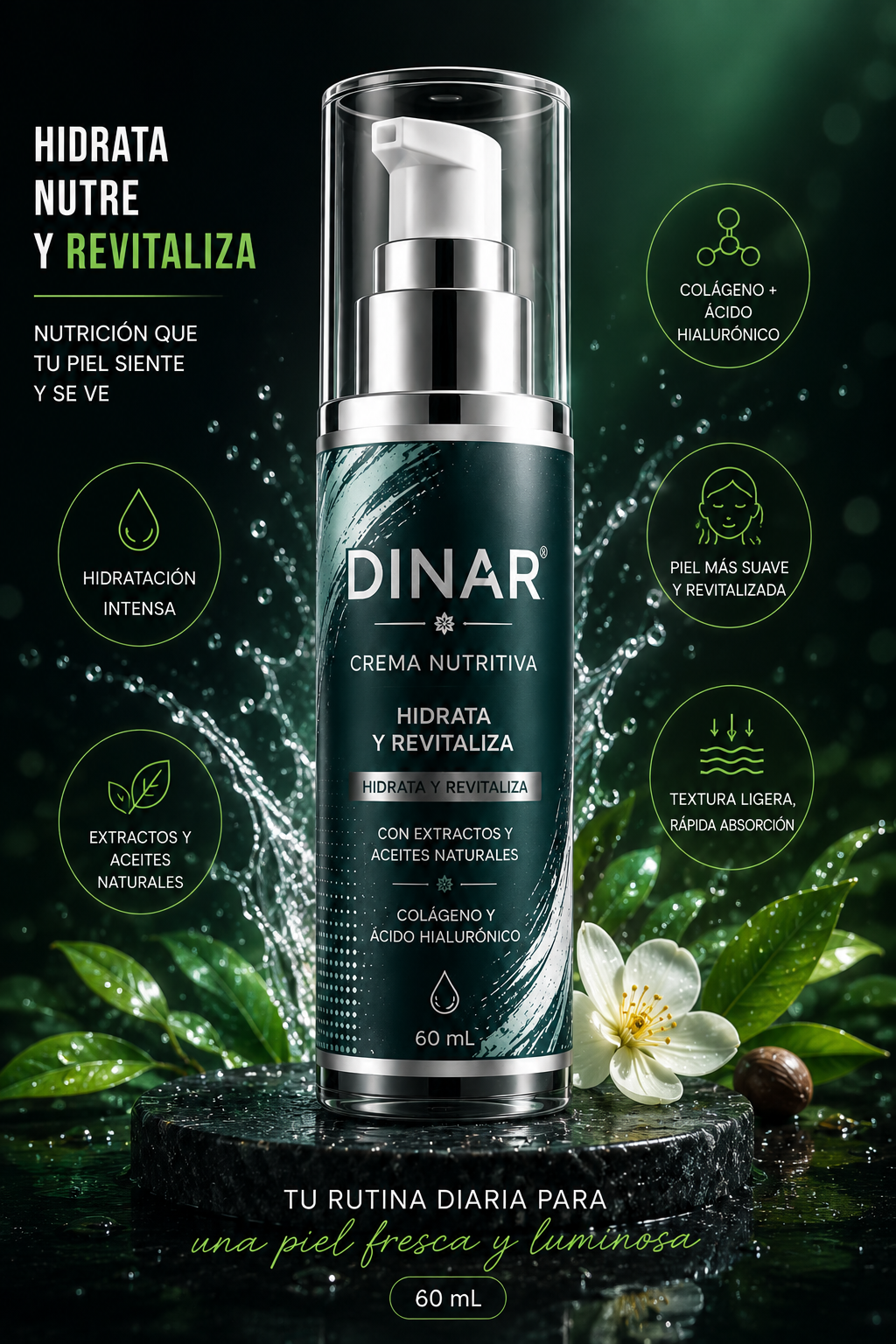 Crema Nutritiva Facial Dinar – Colágeno + Ácido Hialurónico | 60 mL